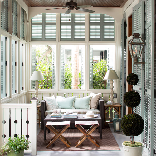 Cream Porch with Green Shutters